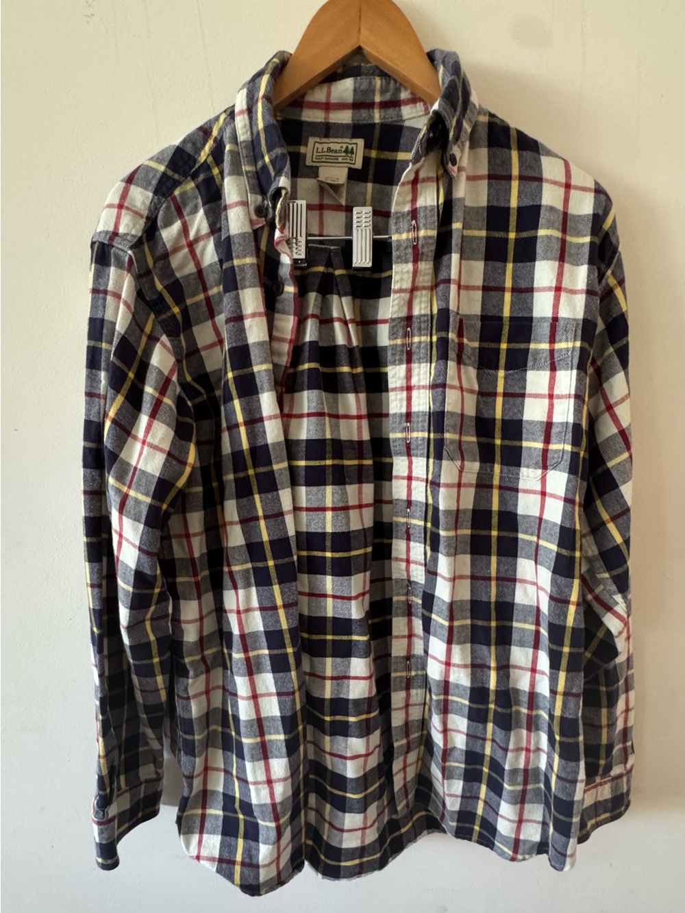 L.L. Bean Men's Plaid Button-Down Shirt - Navy, White, Red, Yellow, Medium